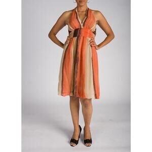 Y2K BCBG Silk Halter Dress‎ Orange Stripe 100% Silk Lined Short Lined